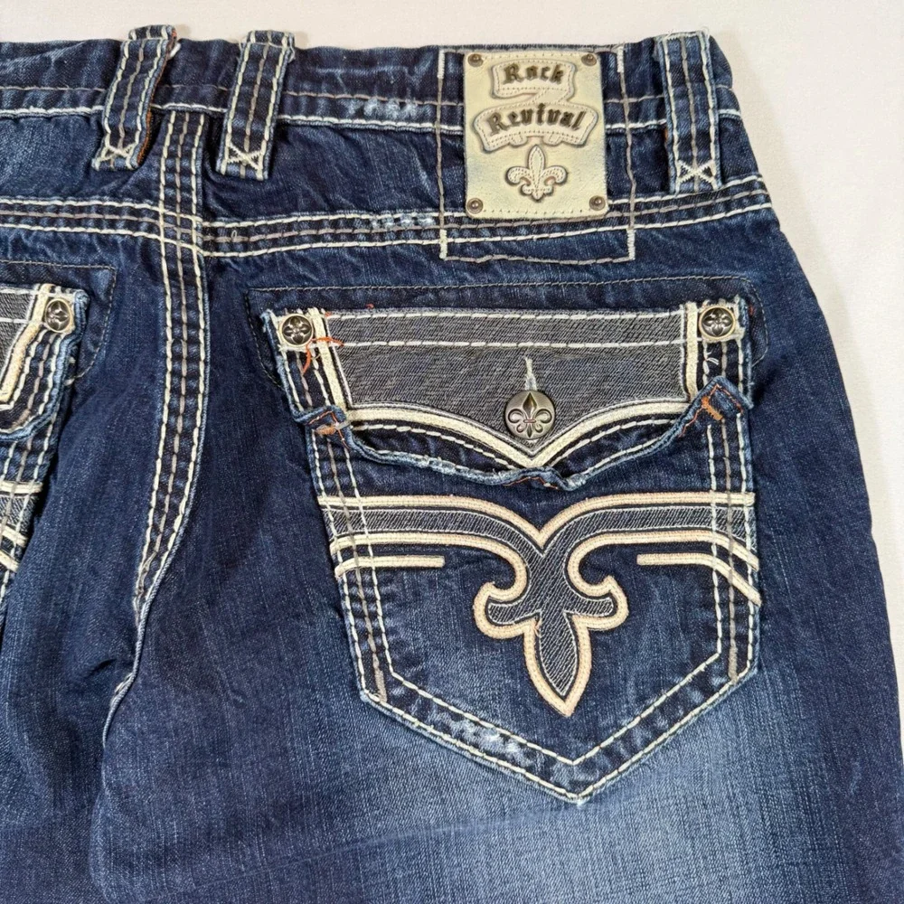 Rock Revival Jeans Mens 36 (Fits 37x28) Blue Dino Relaxed Straight Distressed